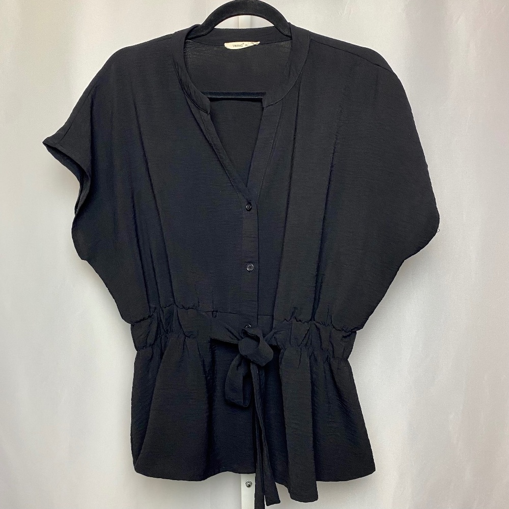 Tiiming Womenʻs Black Drop Shoulder Drawstring Waist Split Neckline Blouse Large